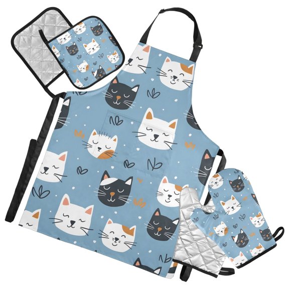 Sleeping Cat Faces 5 Pcs Kitchen Set Heat Resistant Oven Mitts and Non-Slip Pot Holders with Adjustable Cooking Apron