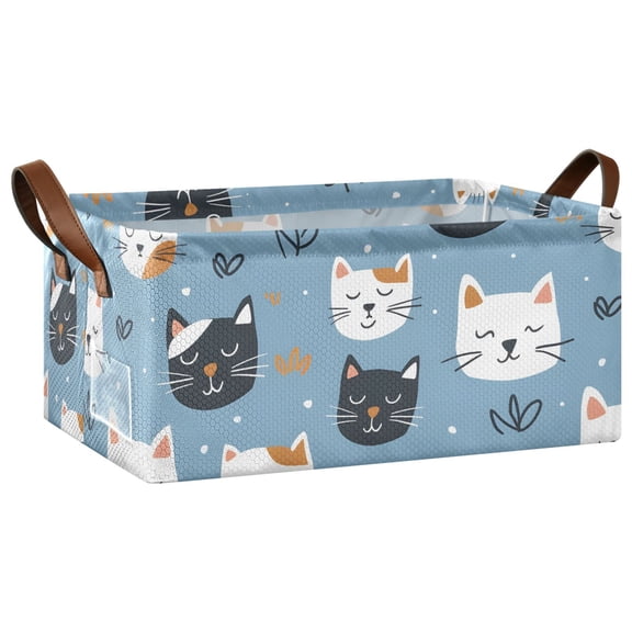 Sleeping Cat Faces Collapsible Storage Bins Fabric Shelf Baskets with Handles 16.9"x11.4"x7.7" Closet Organizer