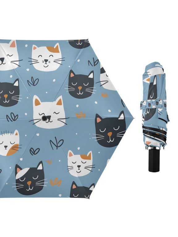 Sleeping Cat Faces Compact Sun Umbrella Windproof Travel Umbrellas for Rain Strong Portable UV Protection