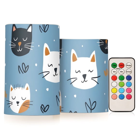 Sleeping Cat Faces Flickering Flameless LED Candles set of 2 Battery Operated 18-Key Remotes Timer Halloween Fall Decor D3''xH4''5''