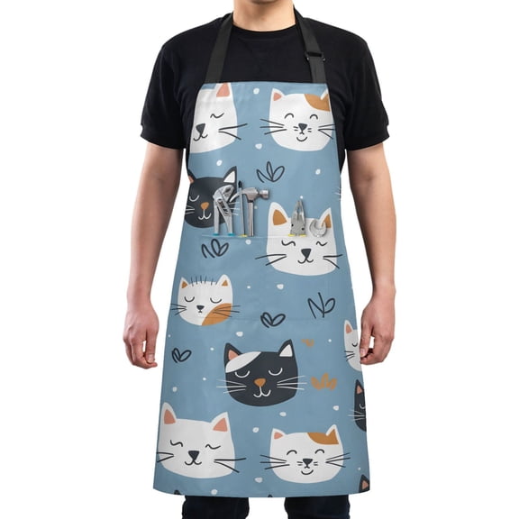 Sleeping Cat Faces Kitchen Apron with 2 Pockets Adjustable waterproof Cooking Aprons for Women Men Chef
