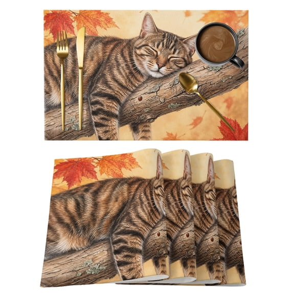 Sleeping Cat Fall Placemats Set of 12 Branches Maple Leave Thanksgiving Place Mats Indoor Wipeable Table Mats Washable Cloth Dining Table Placemats for Kitchen Holiday Party Home Decor 13x19 Inch
