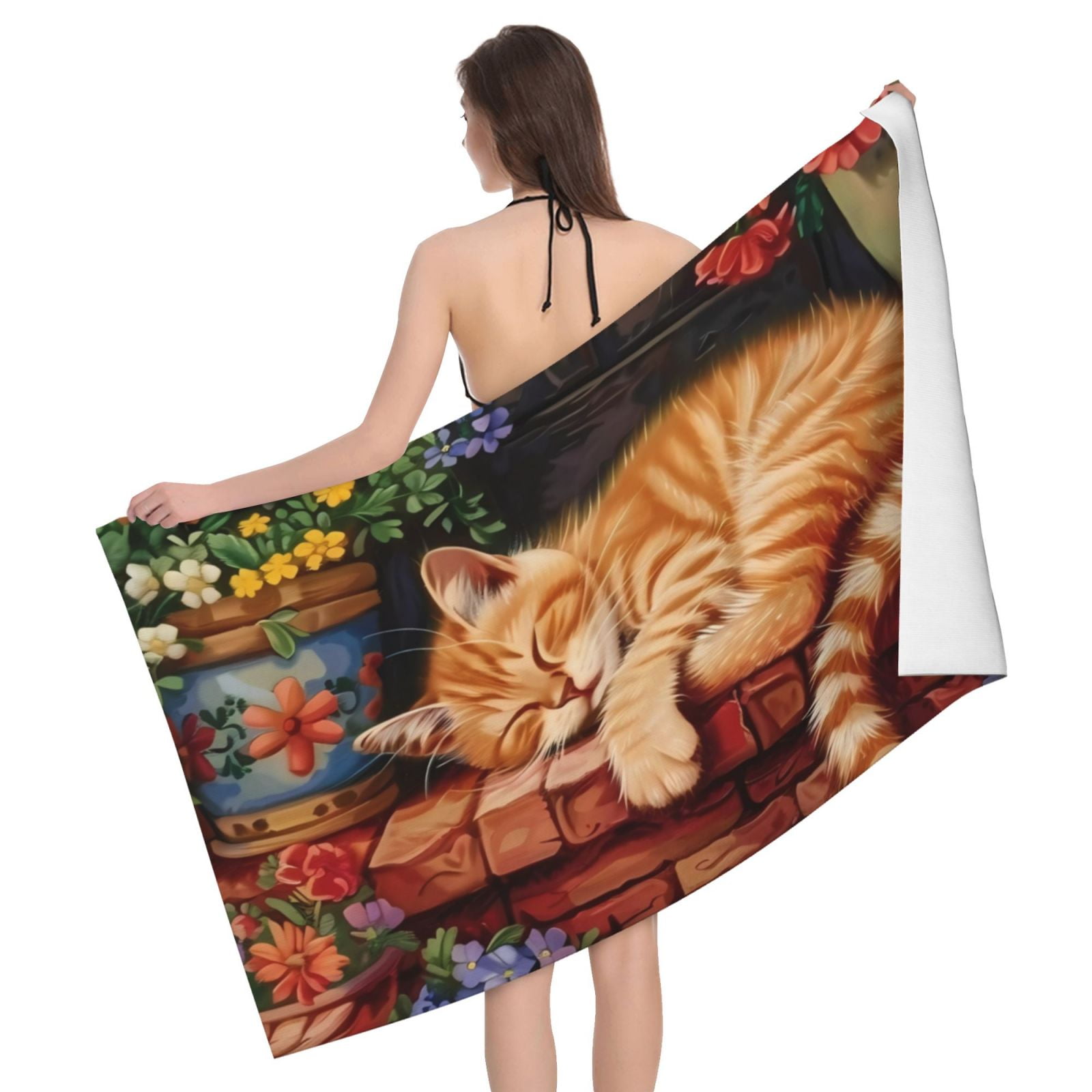 Sleeping Cat Flowers Quick Dry Beach Towel, Bath Towels for Bathroom