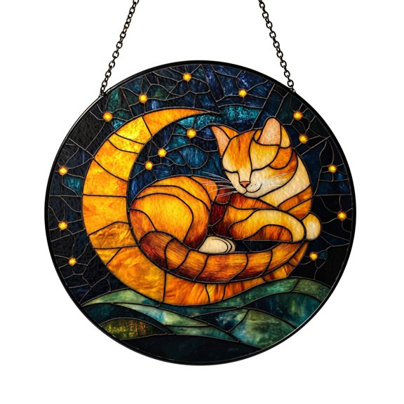 Sleeping Cat Moon Glass Suncatcher Window Hanging, Night Sky Light Catcher Decor, Cozy Home Accent Gift for Cat Lovers
