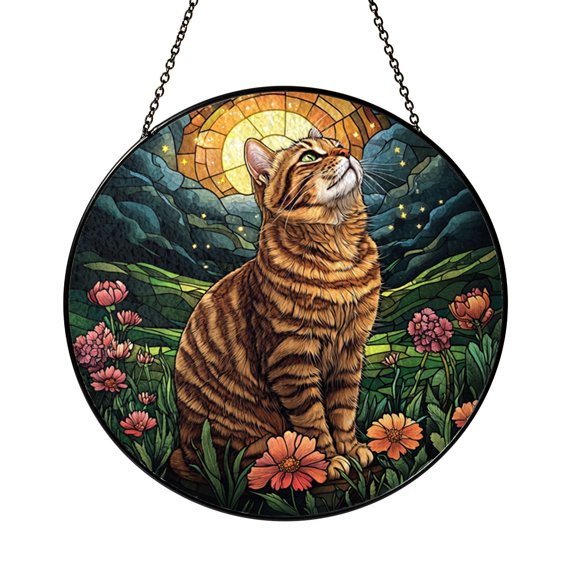 Sleeping Cat Moon Scene Stained Glass Style Window Hanging – Cozy Decor