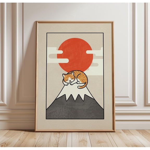 Sleeping Cat Mountain Poster Japanese Red Sun Minimal Animal Decor, Unframed Poster