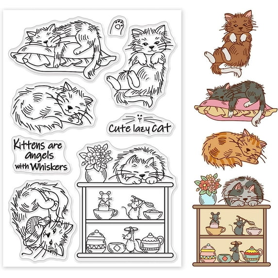 Sleeping Cat Pattern Clear Stamp Vase Lazy Cat and Greedy Mouse PVC Transparent Stamp