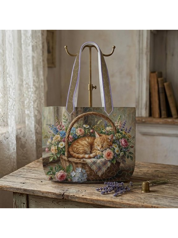 Sleeping Cat Quilted Tote Bag, Floral Basket Kitty Shoulder Bag, Cottagecore Quilt Tote, Lightweight Everyday Bag, Cat Lover Gift