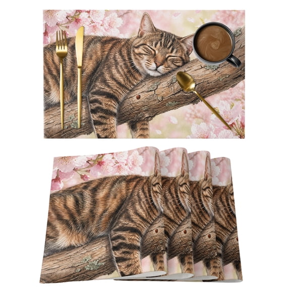 Sleeping Cat Spring Placemats Set of 6 Pink Cherry Blossoms Branches Place Mats Indoor Wipeable Table Mats Washable Cloth Dining Table Placemats for Kitchen Holiday Party Home Decor 13x19 Inch
