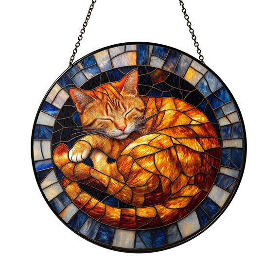 Sleeping Cat Stained Glass Suncatcher, Cozy Window Hanging Decor