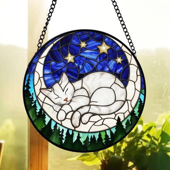 Sleeping Cat Stained Glass Suncatcher, Moon and Stars Window Hanging, Cat Lover Gift
