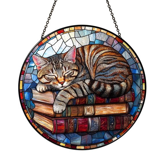 Sleeping Cat Stained Glass Suncatcher Window Hanging Featuring Cat Resting on Books Decorative Glass Art for Home Interior Window Display