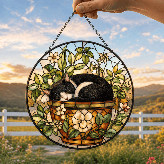 Sleeping Cat Stained Glass Suncatcher Window Hanging Gift for Cat Lovers