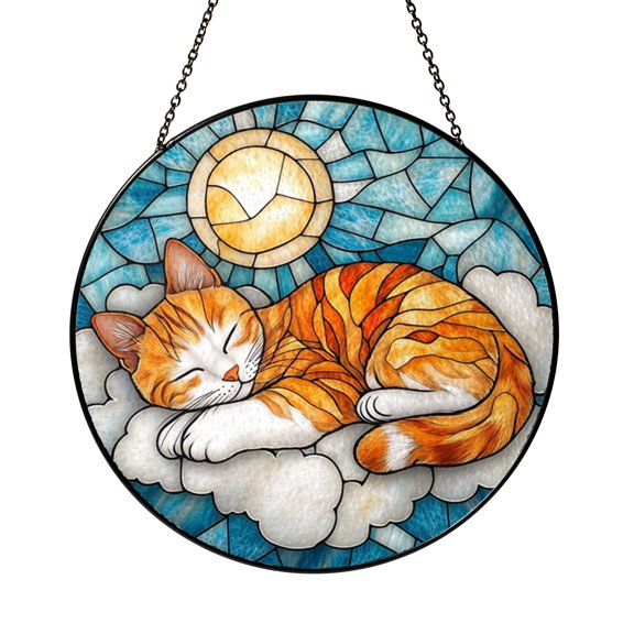 Sleeping Cat Stained Glass Suncatcher Window Hanging, Peaceful Feline Design Home Window Decor