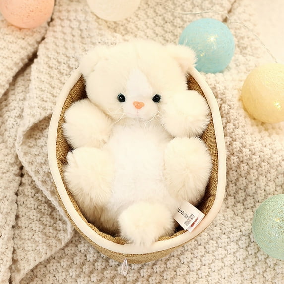 Sleeping Cat Stuffed Animals Cats Plush Toys Cute Kawaii Stuffed Cat Plushies with Basket Exquisite Plush Bulk Birthday Baby Gifts for Kids Girl Home Decor,Beige