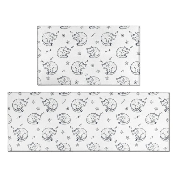 Sleeping Cat White Pattern Anti Fatigue Kitchen Rugs Set Of 2, Non Slip Washable Decorative Floor Mats for Kitchen Sink Laundry, 17"x30" and 17"x47"