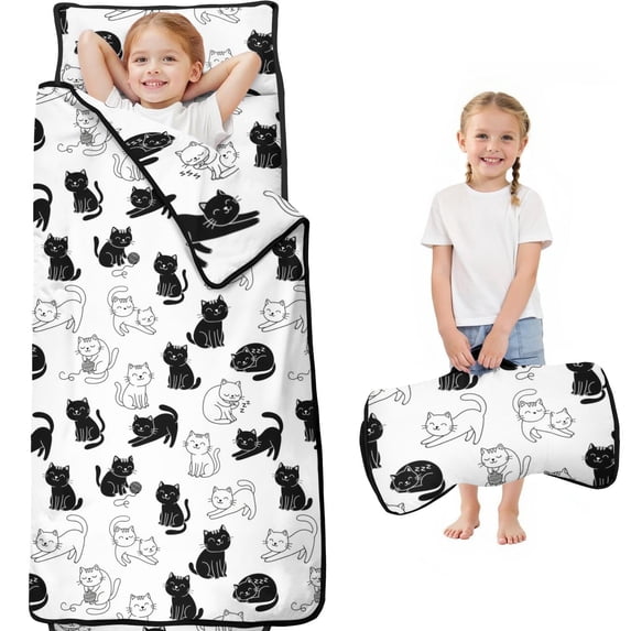 Sleeping Cat White Pattern Teens Toddler Nap Mat with Pillow, Sleeping Mat Bag for Preschool Daycare 60"x20"