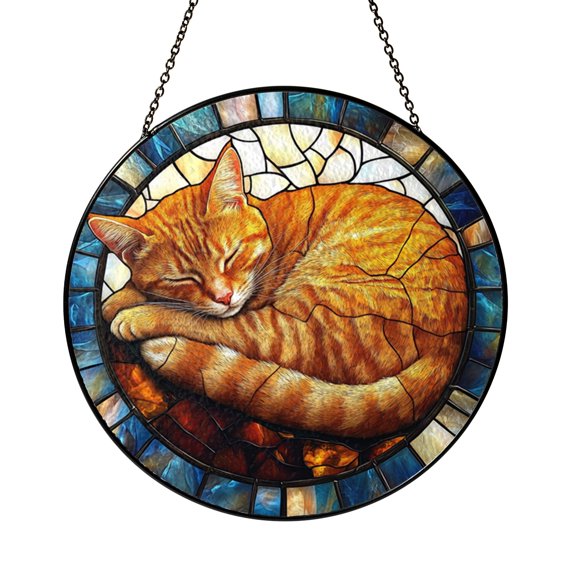 Sleeping Cat Window Hanging, Cute Cat Stained Glass Gift