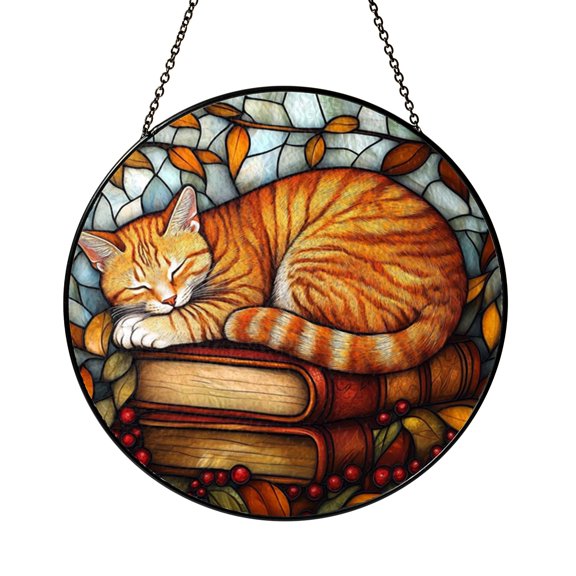 Sleeping Cat Window Hanging Decor, Stained Glass Style Fantasy Animal Suncatcher, Decorative Glass Panel for Windows