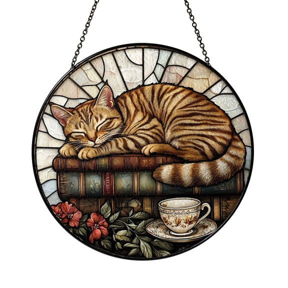 Sleeping Cat With Books Stained Glass Suncatcher Tea Time Window Hanging Decor Literary Home Art