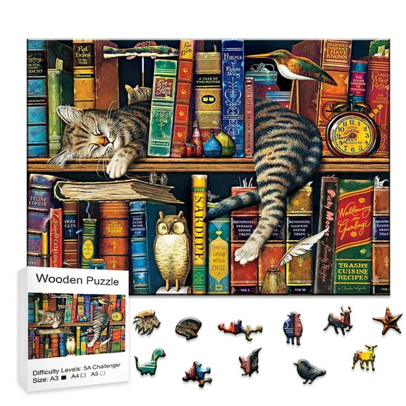 Sleeping Cat Wooden PuzzleUnique Irregular Shapes | Decorative Art & Party Game | Challenging Animal Jigsaw | Holiday Gift for Adults & Families