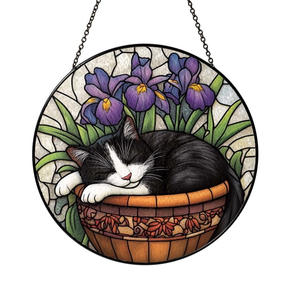Sleeping Cat in Flower Pot Stained Glass Style Suncatcher – Floral Window Decor