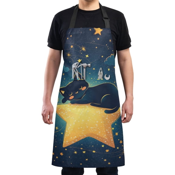 Sleeping Cat in Starry Night Chef Kitchen Apron with Pockets for Women Waterproof Aprons for Cooking Baking