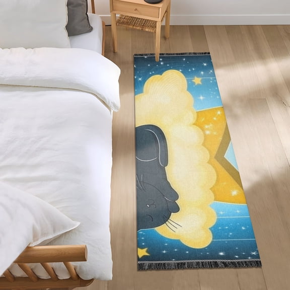 Sleeping Cat on Cloud with Stars Bedroom Runner Rug 2'x 6' Non Slip Carpet Indoor Home Area Rug Living Room