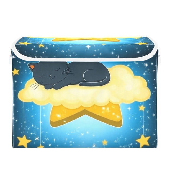 Sleeping Cat on Cloud with Stars Large Storage Bins with Linen Collapsible Lid Storage Box 16.7 x 12.6 x 11.8in