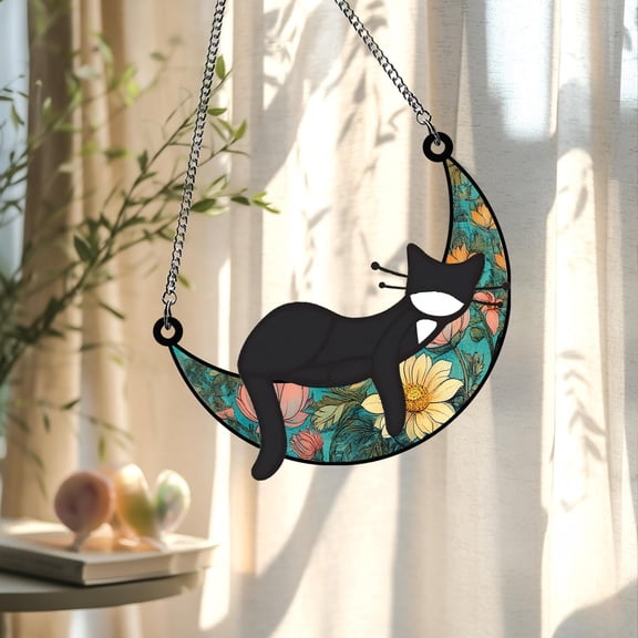 Sleeping Cat on Moon Cat Memorial Suncatcher, Loss of Pet Sympathy, Cat Memorial Gifts, Pet Lover, Gift Handmade Name Cat Ornament
