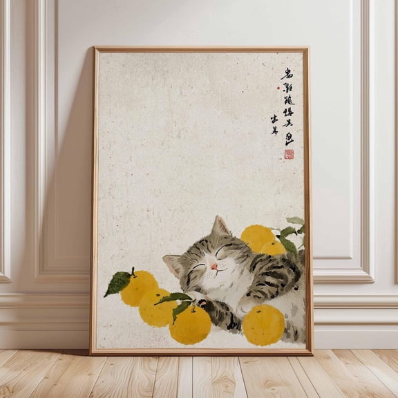 Sleeping Cat with Oranges Print Japanese Whimsical Wall Art