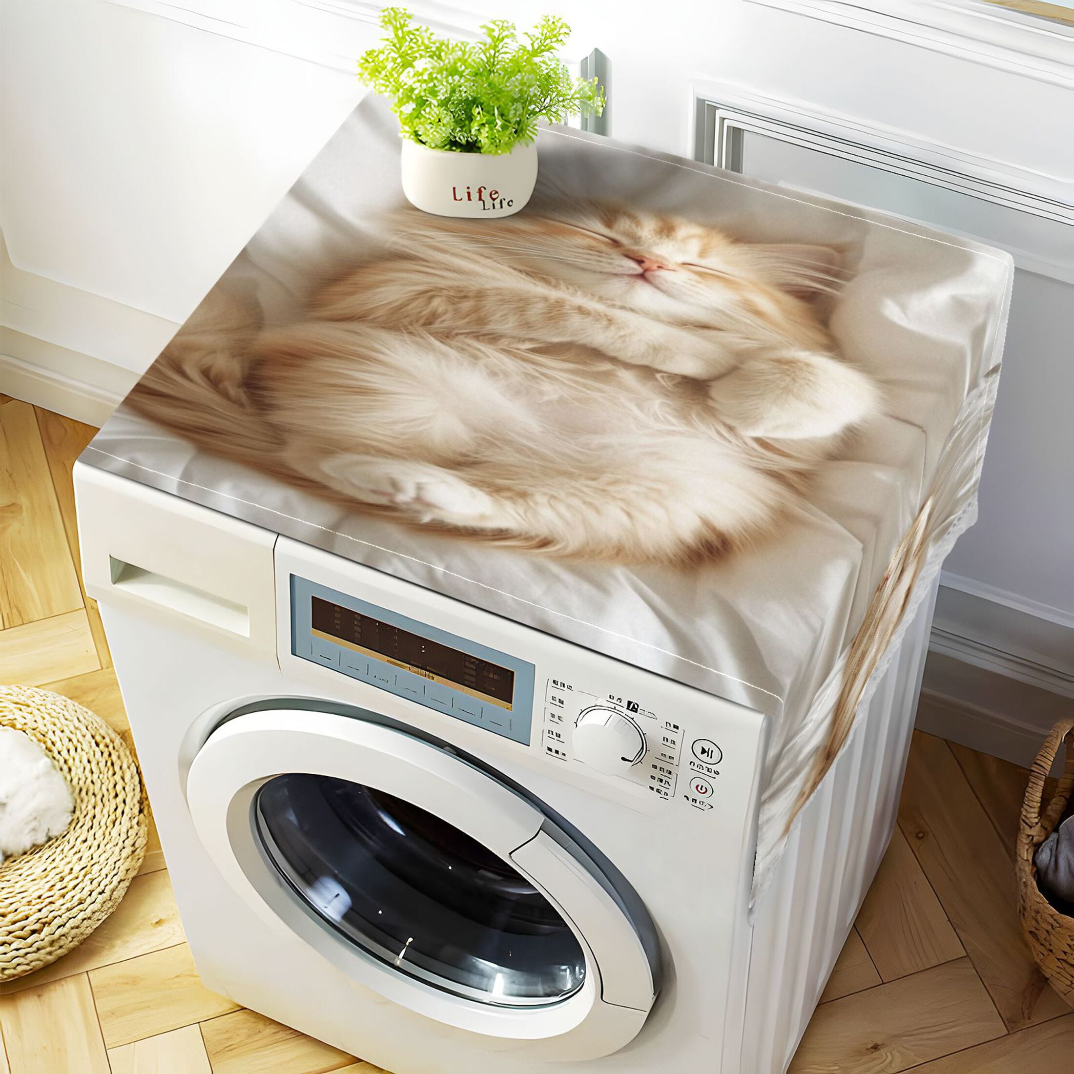 Sleeping CatWasher and Dryer Covers Dust-Proof and Oil Resistant Fridge Cover with 4 Storage Pockets Washing Machine Top Cover for Laundry Kitchen Home 51.2 x 22 In