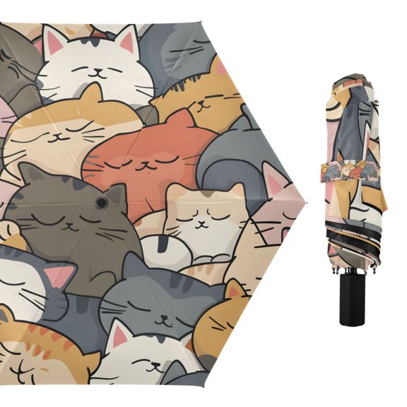 Sleeping Cats Face Compact Sun Umbrella Windproof Travel Umbrellas for Rain Strong Portable UV Protection