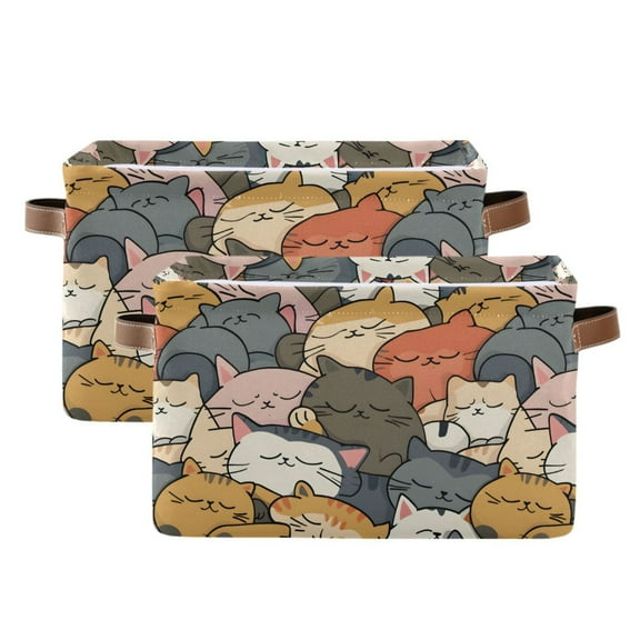 Sleeping Cats Face Storage Bins with Handle Fabric Organizer Basket Foldable Box 2 Pack 14.2x10.2x8.3