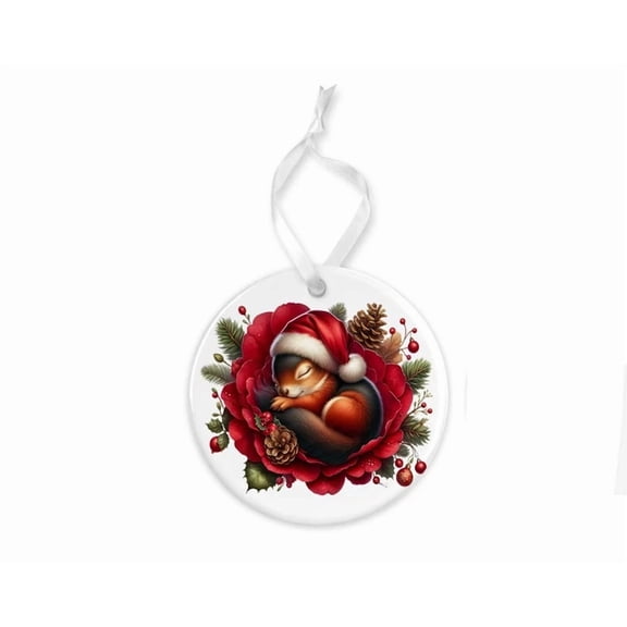 Sleeping Christmas Squirrel Ceramic Christmas 2D FLAT CIRCLE Ceramic Ornament