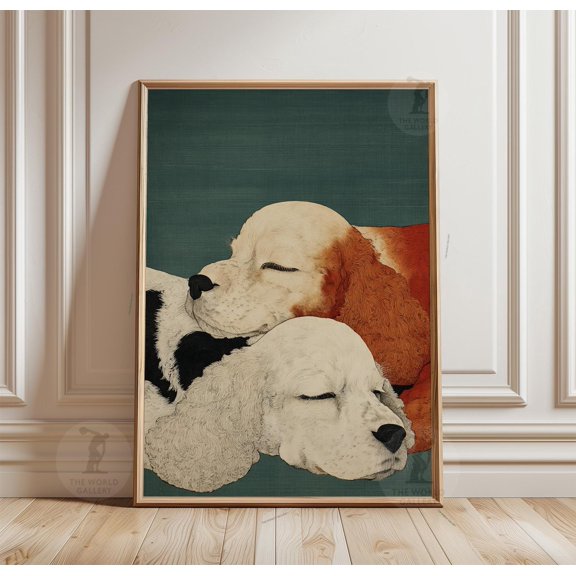 Sleeping Cocker Spaniel Poster, Vintage Dog Print, Teal And Cream Animal Wall Art, Poster Only
