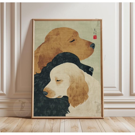 Sleeping Cocker Spaniels Print, Vintage Japanese Style Dog, Neutral Animal Art, Poster Only