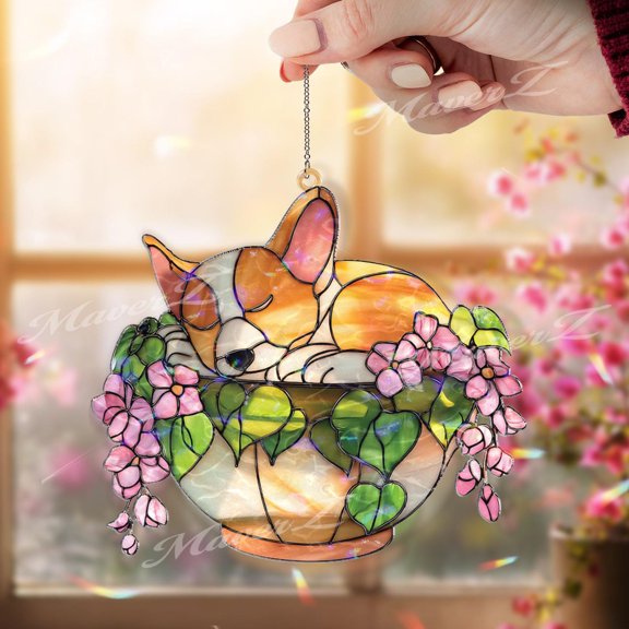 Sleeping Corgi Acrylic Suncatcher, Cute Corgi in Hanging Pot Window Decor, Stained Glass Style Woodland Animal Sun Catcher