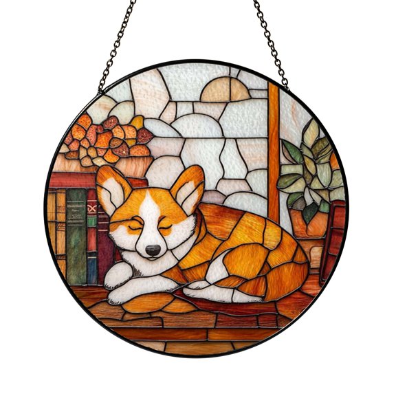 Sleeping Corgi Bookshelf Glass Suncatcher Window Decor, Peaceful Reading Corner Artwork, Charming Dog Lover Home Style