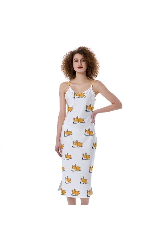 Sleeping Corgi Pattern Print Slim Fit Midi Cami Dress, Dog Pet Lover Fashion Summer Maxi Sexy Casual Dress For Women