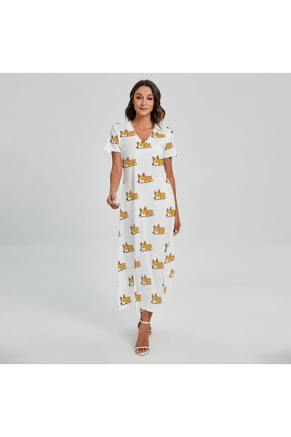 Sleeping Corgi Pattern Printed Short Sleeve Maxi Dress, Dog Pet Lover Fashion Summer Maxi Dress For Women