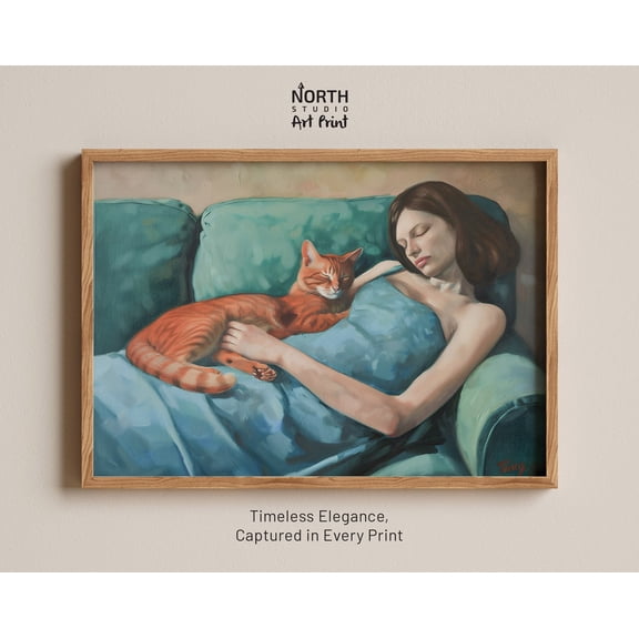 Sleeping Couple Woman Cat Art Print Aesthetic Feline Lover Vintage Decor, Stretched Canvas 12x16in