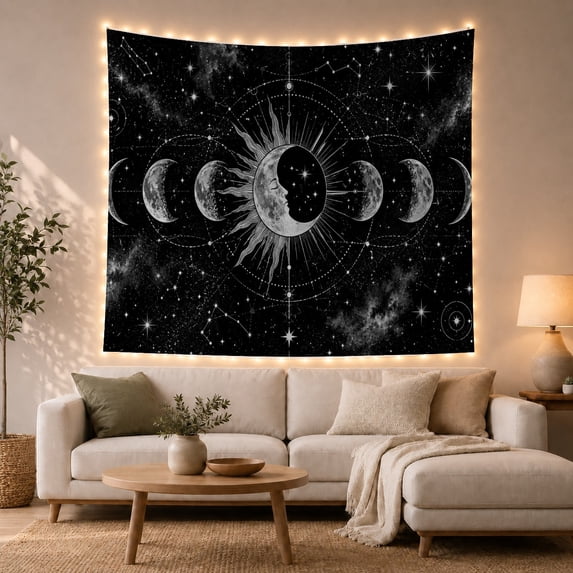 Sleeping Crescent Moon Within Sun Rays and Moon Phases, Serene Celestial for Astronomy Fans, Astrolabe Art, Housewarming Gift, Tapestry Wall Hanging for Bedroom and Studio