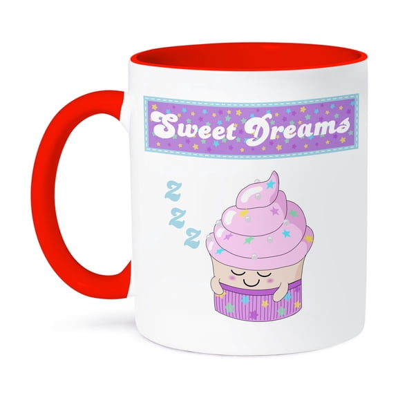 3dRose, Sleeping cupcake - cute sweet dreams pink girly cupcakes stars design bedroom nursery pajama party, 11oz Two-Tone Red Mug