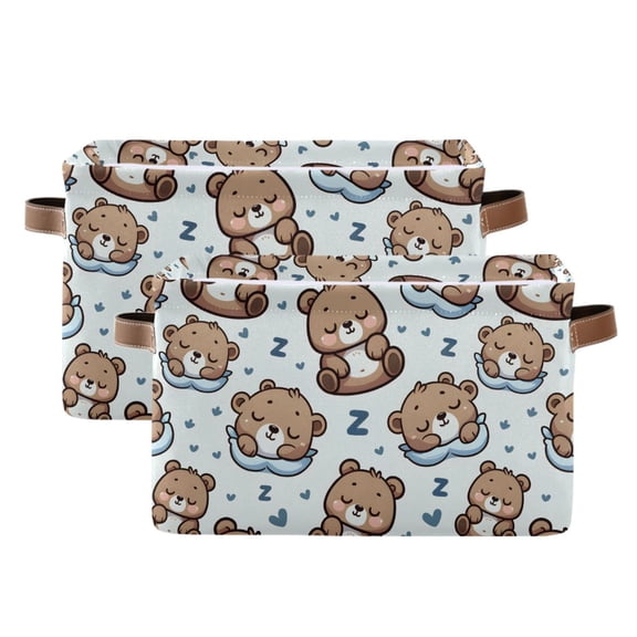 Sleeping Cute Bear Storage Bins with Handle Fabric Organizer Basket Foldable Box 2 Pack 14.2x10.2x8.3