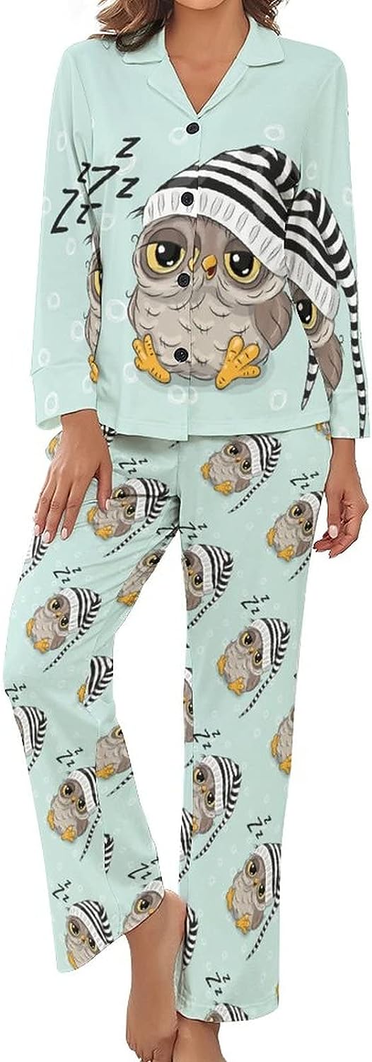 Sleeping Cute Owl Women's Pajamas Set Button Down Sleepwear PJ Set