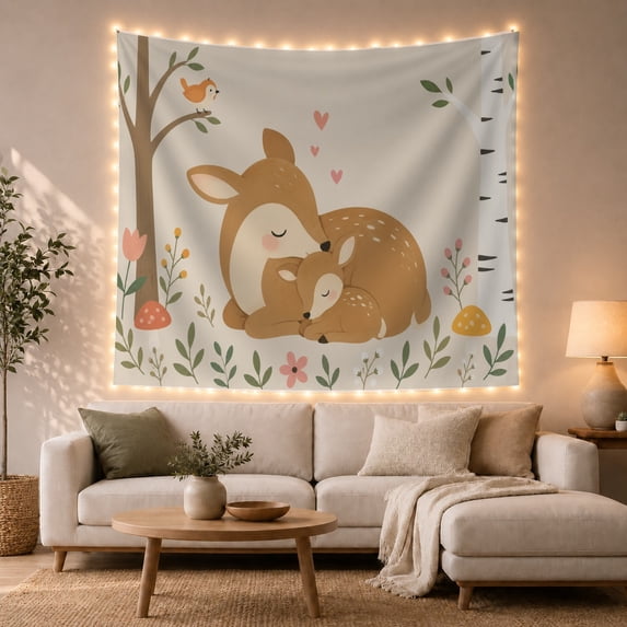 Sleeping Deer Mother and Baby Cuddle in a Forest, Whimsical Illustration for Nature Lovers, Woodland Animal Wall Art, Baby Shower Gift Tapestry Wall Hanging for Nursery and Bedroom