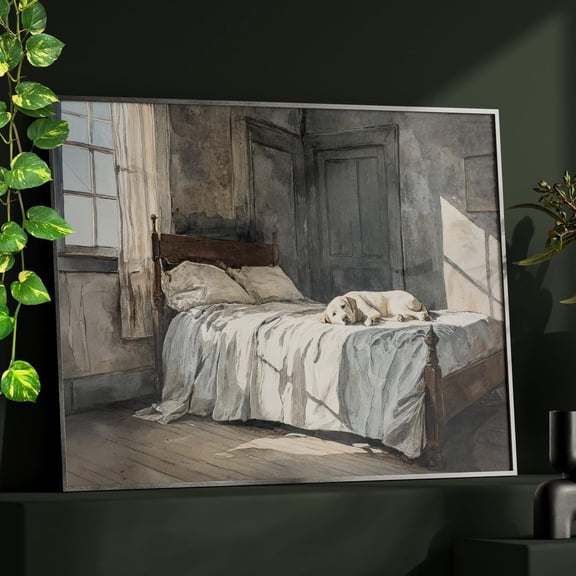 Sleeping Dog on Bed Wall Art Vintage Bedroom Decor, Unframed Paper Print Size 8x12