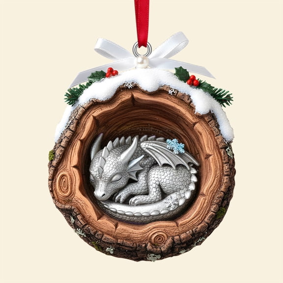 Sleeping Dragon Christmas Ornaments Set of 5, Acrylic Hanging Decor with Snow and Holly in Log, Fantasy Themed Tree Pendant for Holiday Enthusiasts, Festive Gift for Nature Lovers(Gray）
