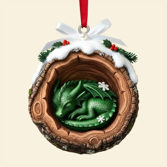 Sleeping Dragon Christmas Ornaments Set of 5, Acrylic Hanging Decor with Snow and Holly in Log, Fantasy Themed Tree Pendant for Holiday Enthusiasts, Festive Gift for Nature Lovers(Green)